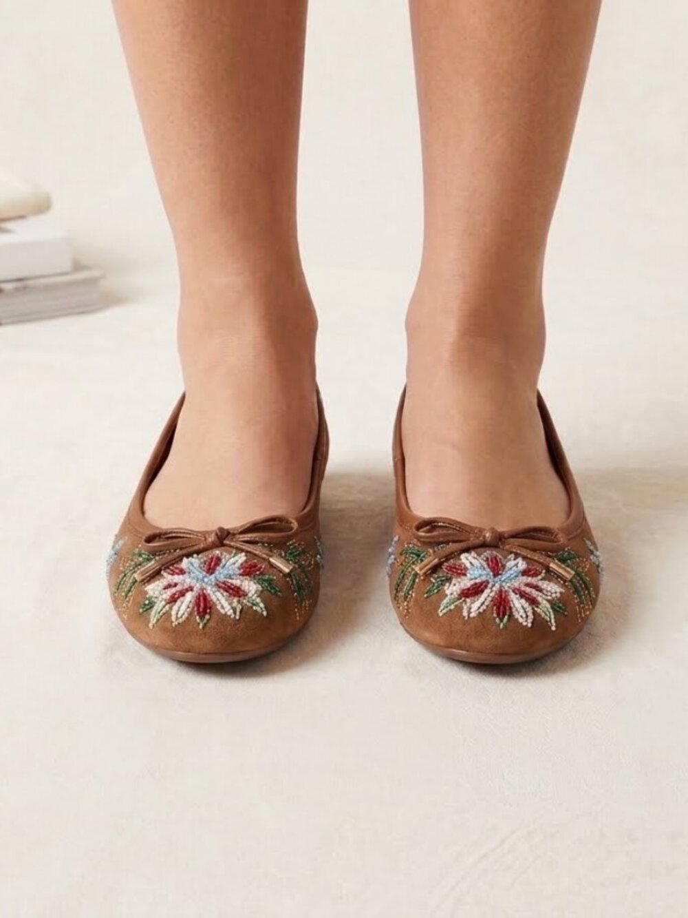 Franco Sarto Brown Tan Suede Embroidered Floral Ballet Flats Size 7.5 Boho Chic